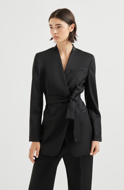 Brunello Cucinelli Satin Belted Blazer With Monili In Black