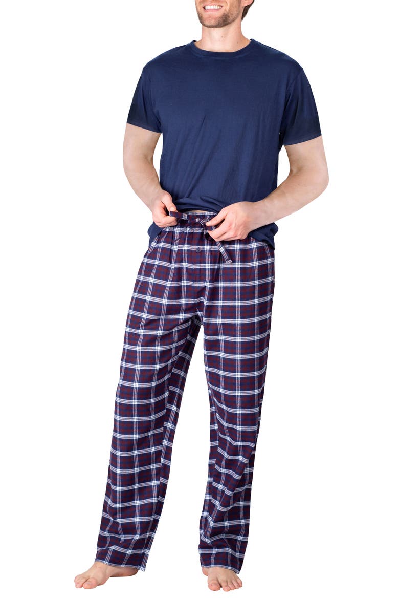 Knit Brushed Grid Flannel Pajamas, Alternate, color, NAVY PLAID