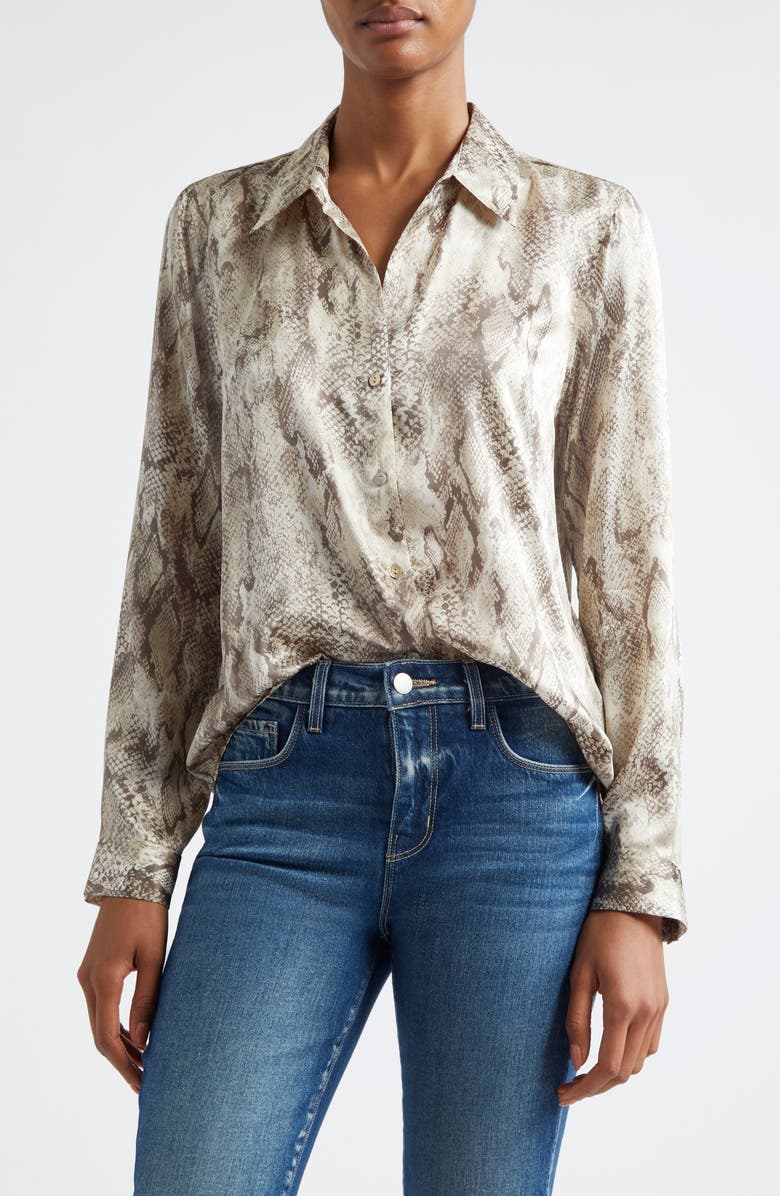 L'AGENCE Tyler Snakeskin Print Long Sleeve Silk Button-Up Shirt, Main, color, 