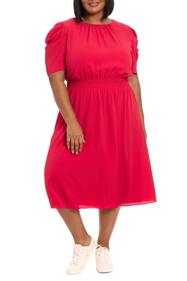 Shirred Crewneck Midi Dress, Main, color, ROSE RED
