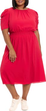London Times Shirred Crewneck Midi Dress