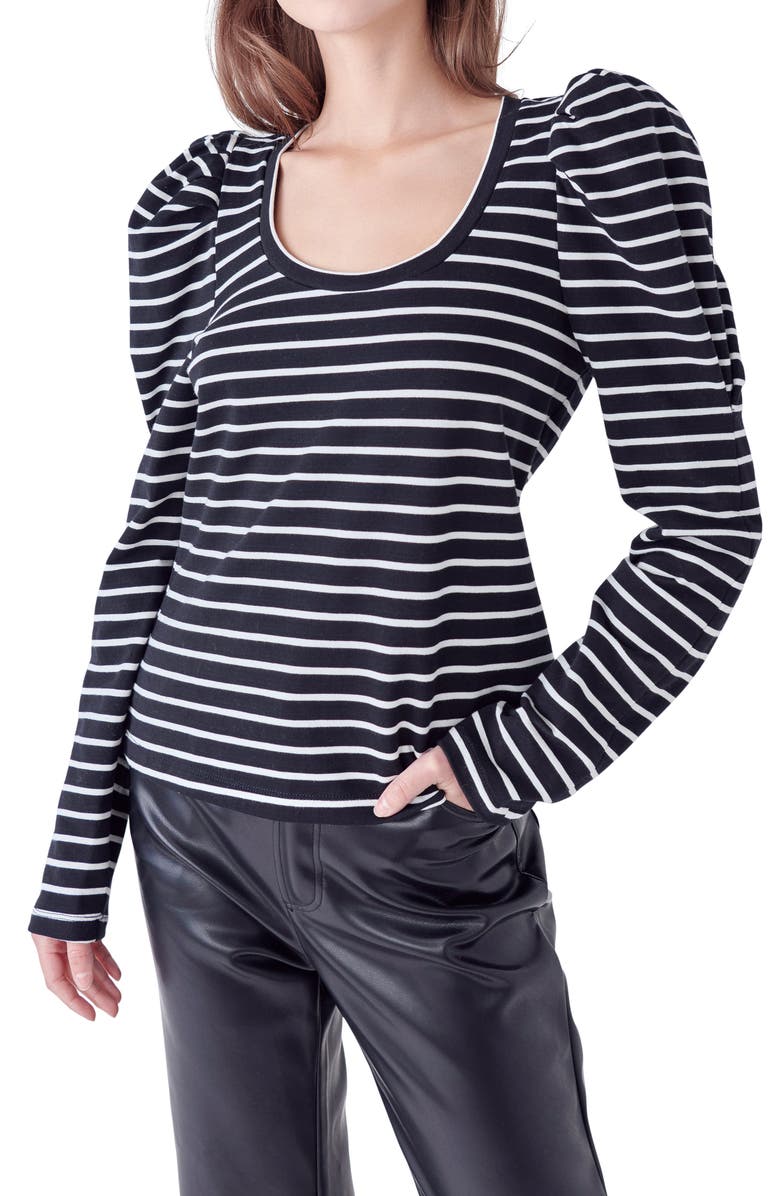 English Factory Stripe Puff Sleeve Knit Top, Alternate, color, Black/ White