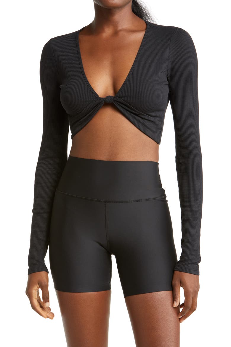 Knot Long Sleeve Rib Top, Main, color, BLACK