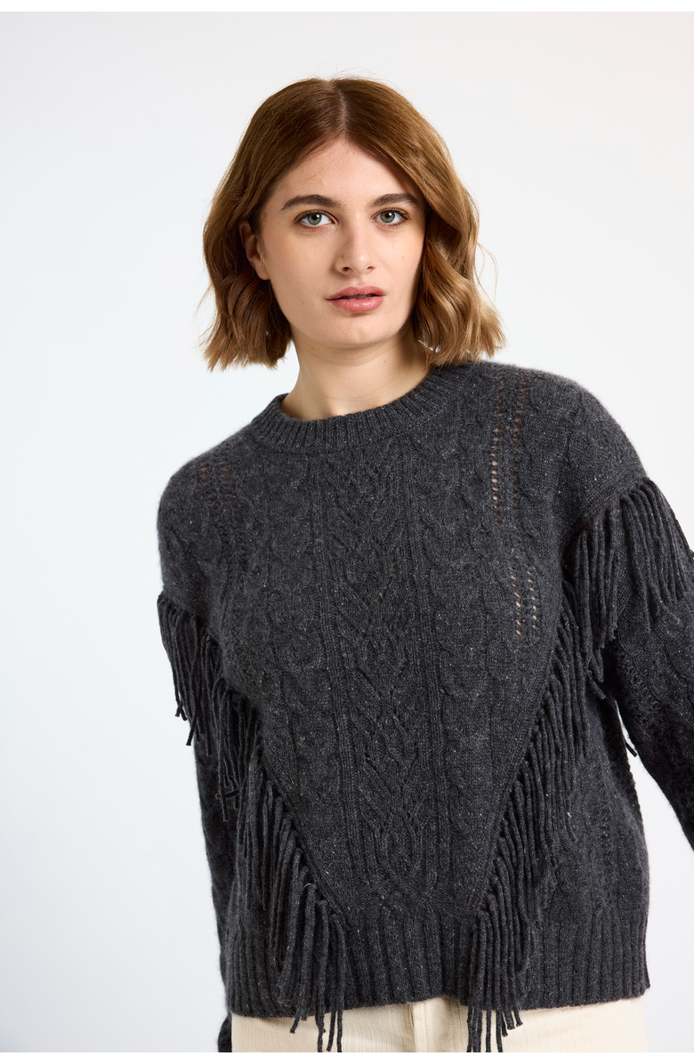 Brodie Pure Cashmere Cable Fringed 100% Cashmere Sweater, Alternate, color, Shale