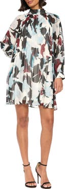 London Times Tie Back Long Sleeve A-Line Dress