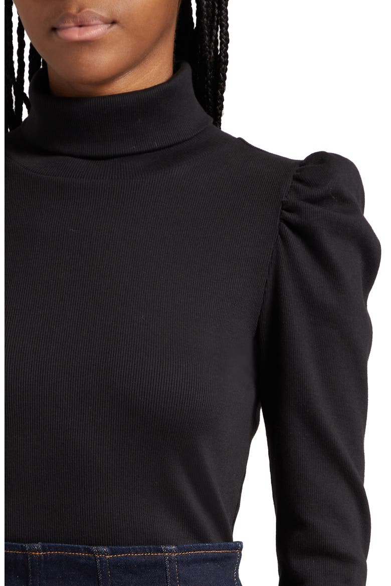 Cedar Rib Puff Sleeve Cotton Turtleneck, Alternate, color, BLACK
