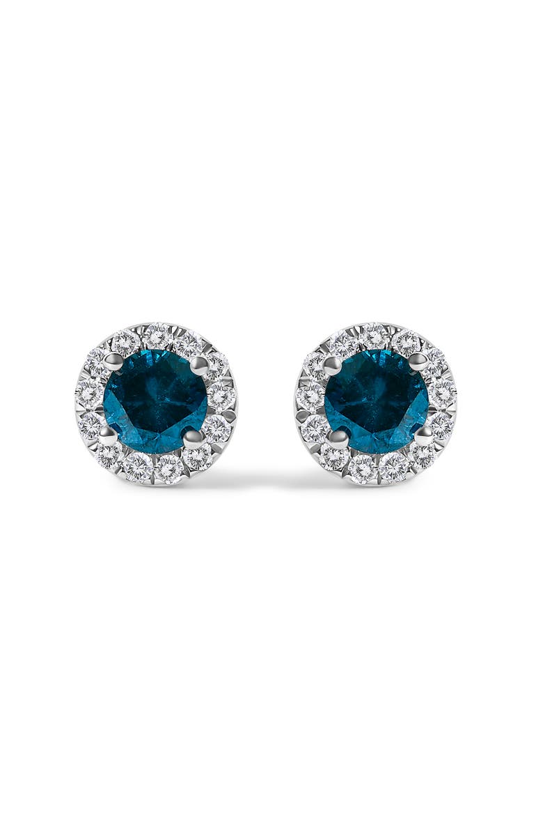 .925 Sterling Silver 1.00 Cttw Blue Diamond Halo Stud Earring, Main, color, Silver