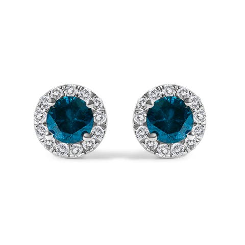 .925 Sterling Silver 1.00 Cttw Blue Diamond Halo Stud Earring