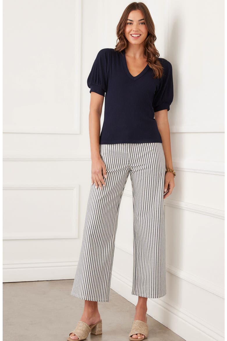 Puff Sleeve Rib V-Neck Top, Alternate, color, NAVY