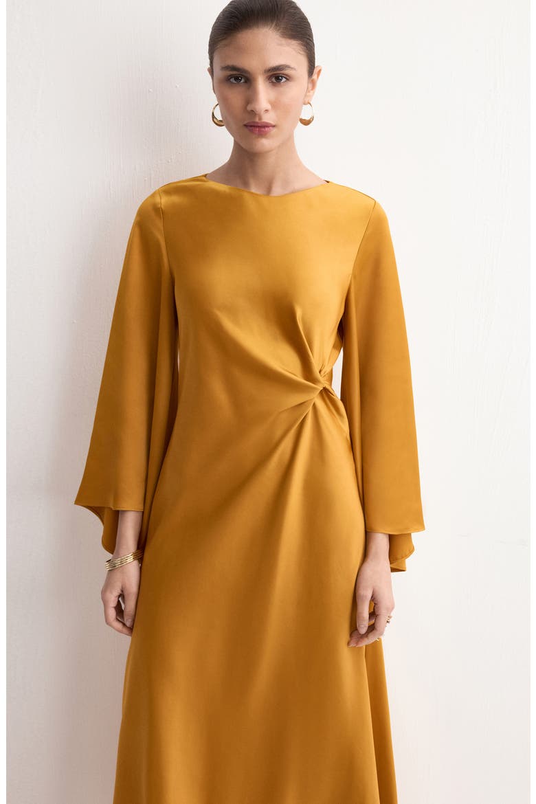 Twist Flutter Sleeve Satin Dress, Alternate, color, OCHRE