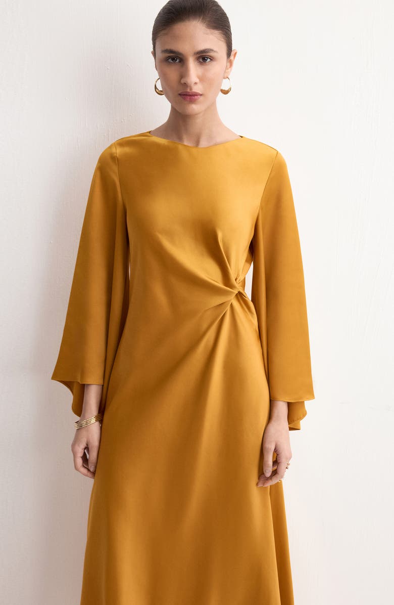 MANGO Twist Flutter Sleeve Satin Dress, Alternate, color, Ochre