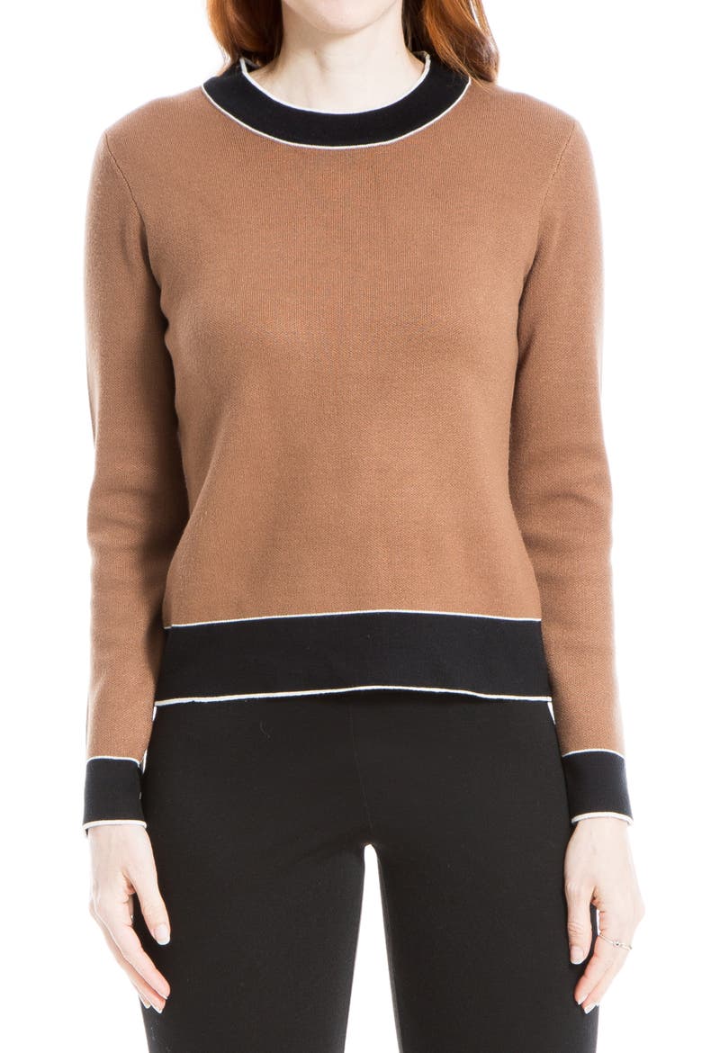 Flat Knit Tipped Sweater, Main, color, VICUNA/ BLACK/ IVORY