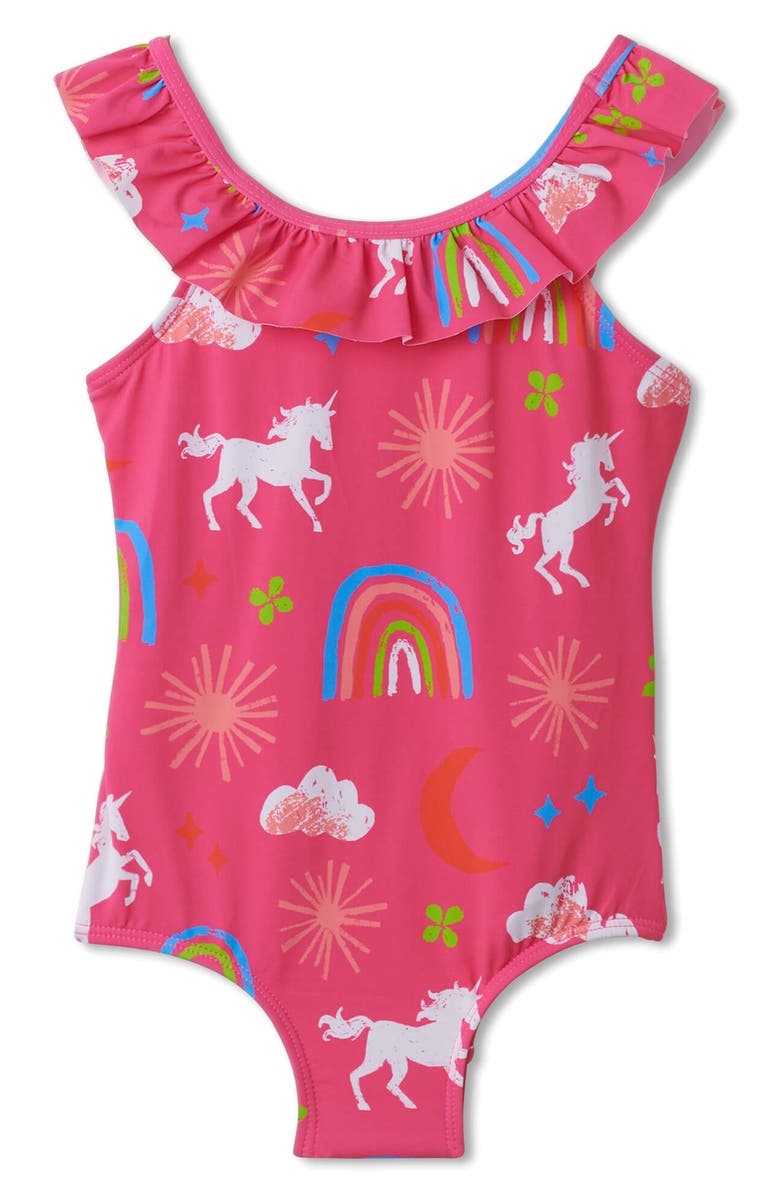 Hatley Kids' Unicorns Rainbows Ruffle Swimsuit, Main, color, 