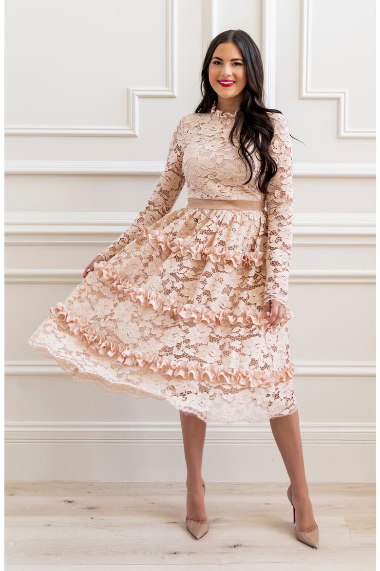 Ruffle Lace Long Sleeve Dress, Alternate, color, BEIGE ALMOND