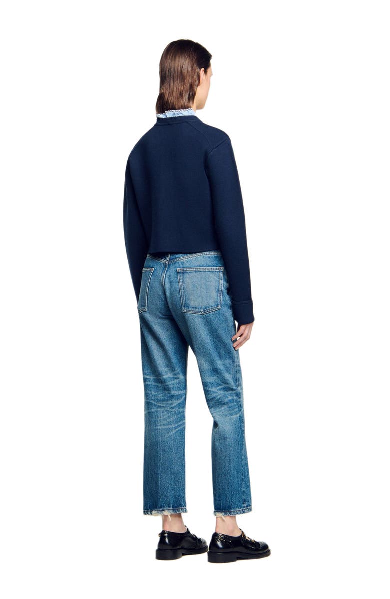 SANDRO Cardigan with detachable ruffle collar, Alternate, color, Navy Blue