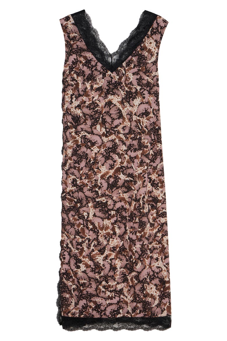 Dista Orchid Petal Print Lace Trim Midi Dress, Alternate, color, DARK BROWN