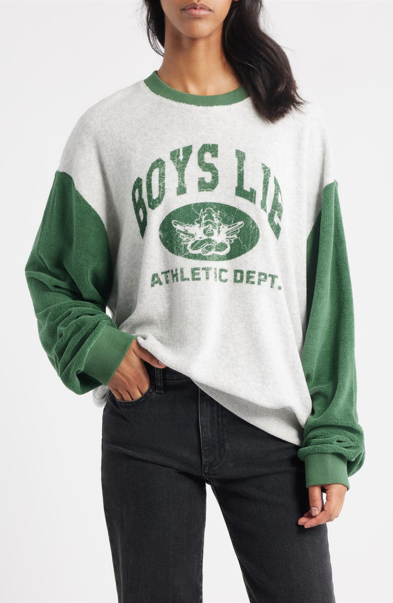 BOYS LIE Athletics Kara Crewneck Sweatshirt, Main, color, Green / Heather Grey