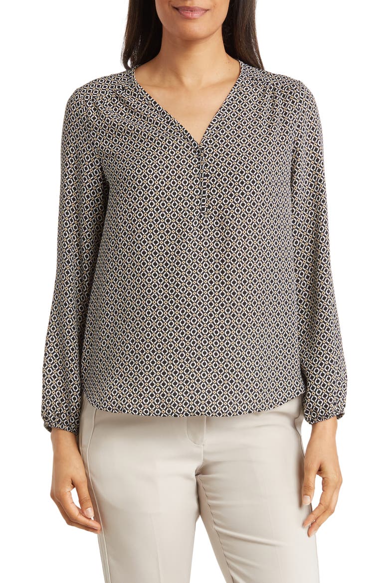 Floral V-Neck Shirred Long Sleeve Top, Main, color, BLACK WHITE TAUPE SQ CHAIN GEO