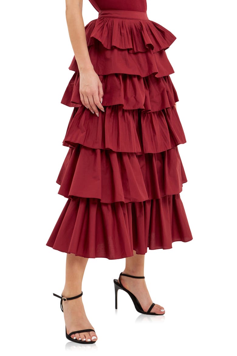 Pleated Tiered Maxi Skirt, Alternate, color, BURGUNDY