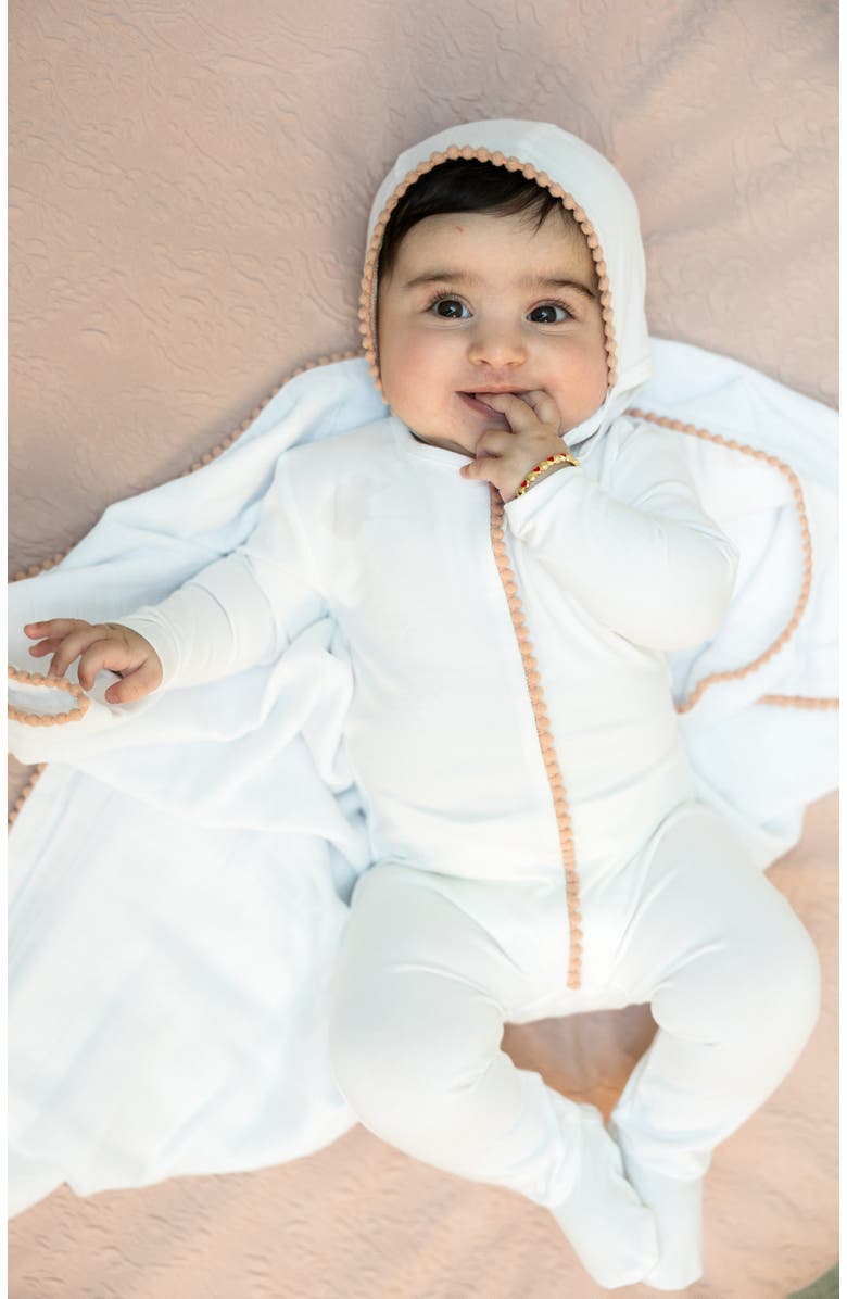 Bebe Bella Cotton Pom Pom Trim Swaddle, Alternate, color, White/Blue