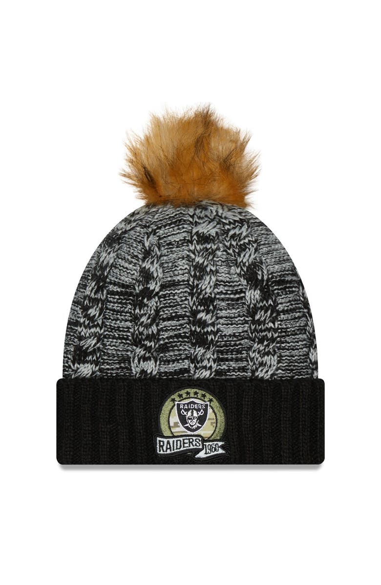 New Era Women's New Era Black/Gray Las Vegas Raiders 2022 Salute To Service Pom Knit Hat, Main, color, 