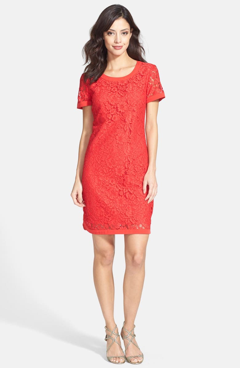 open lace back dress Donna Morgan Crew Neck Short Sleeve Fit & Flare Zipper Back Solid Jersey DRESS-TEA Rose / 4