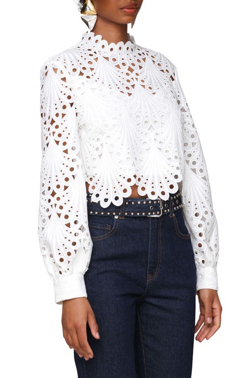 Avec Les Filles Eyelet Embroidery Long Sleeve Crop Shirt In White