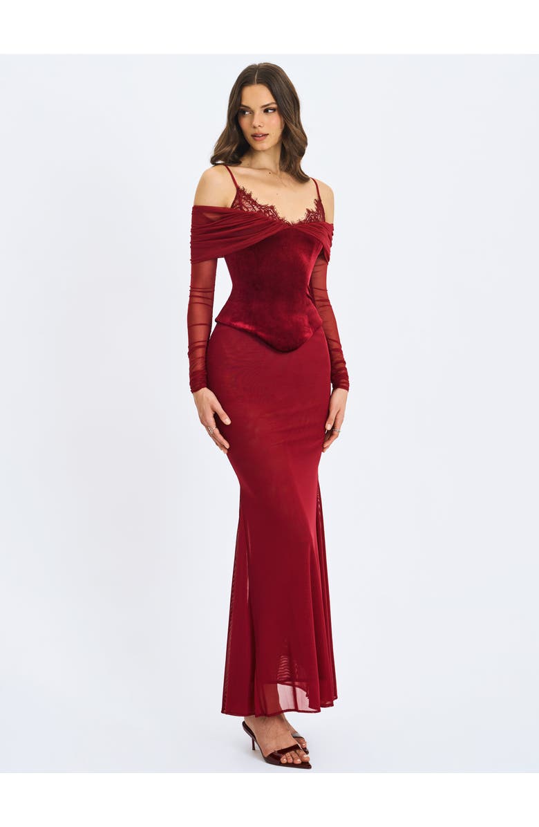 Miss Circle Maybelle Bardot Lace Strap Peplum Maxi Dress, Alternate, color, Magenta