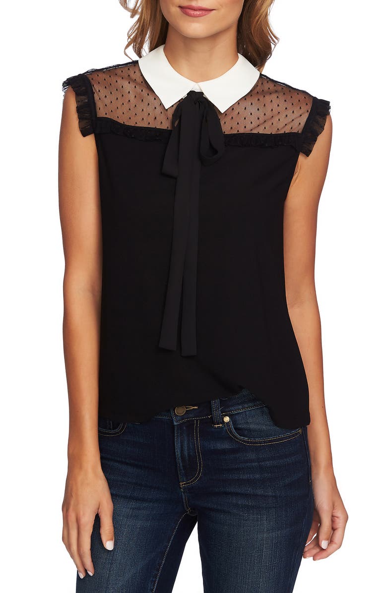 CeCe Mixed Media Tie Neck Blouse, Main, color, 