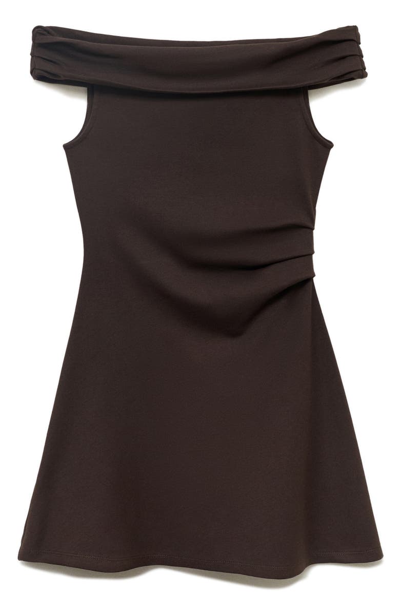 MANGO Pleated Off the Shoulder Dress, Alternate, color, Brown
