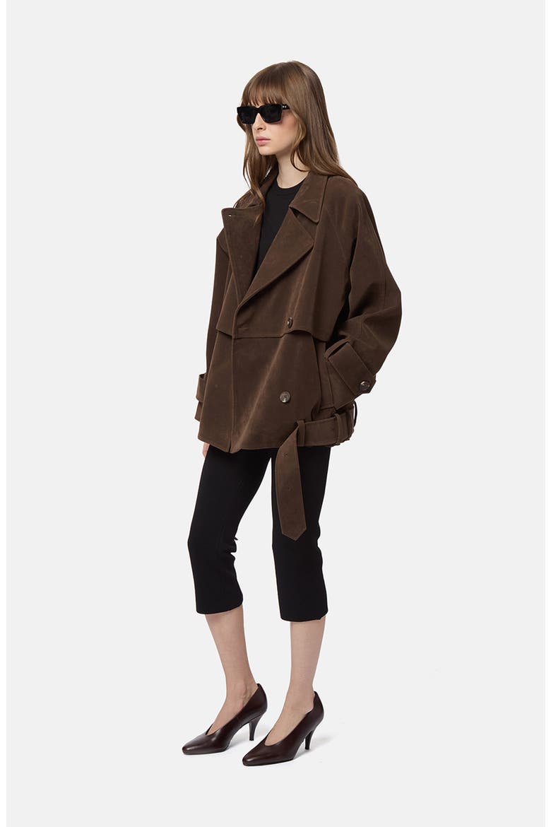 Gaia Faux Suede Short Trench Coat, Alternate, color, DARK BROWN
