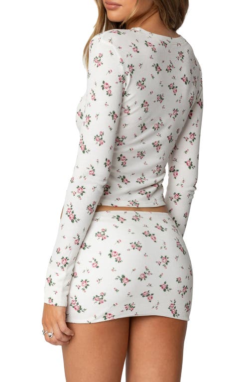 Shop Edikted Melany Floral Waffle Long Sleeve T-shirt In Cream