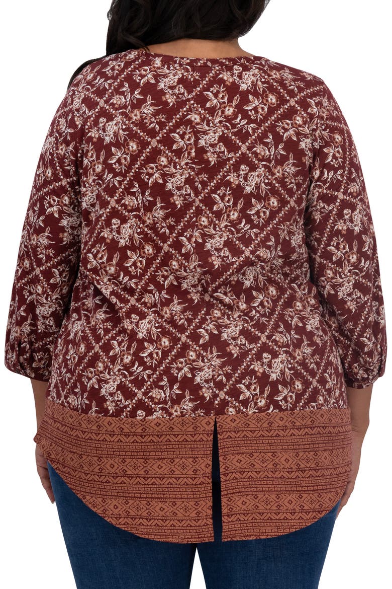 Border Print Top, Alternate, color, BURGUNDY MULTI