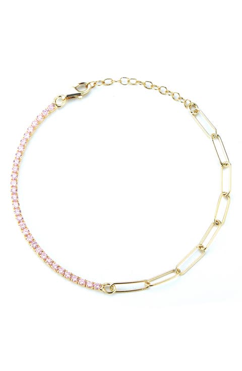 14k Rose Gold Plated Tennis & Paper Clip Chain Bracelet