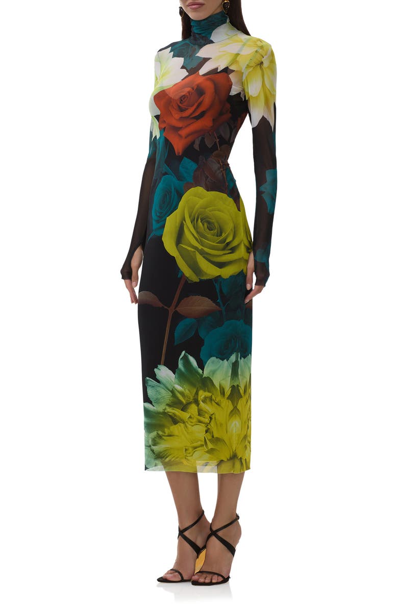 AFRM Shailene Print Long Sleeve Mesh Body-Con Midi Dress, Alternate, color, Citron Blossom