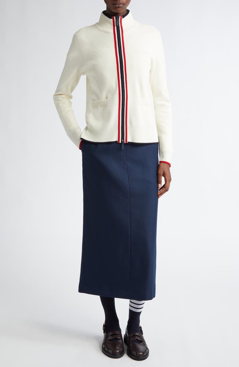 Thom Browne Tricolor Trim Virgin Wool Zip-Up Cardigan, Alternate, color,