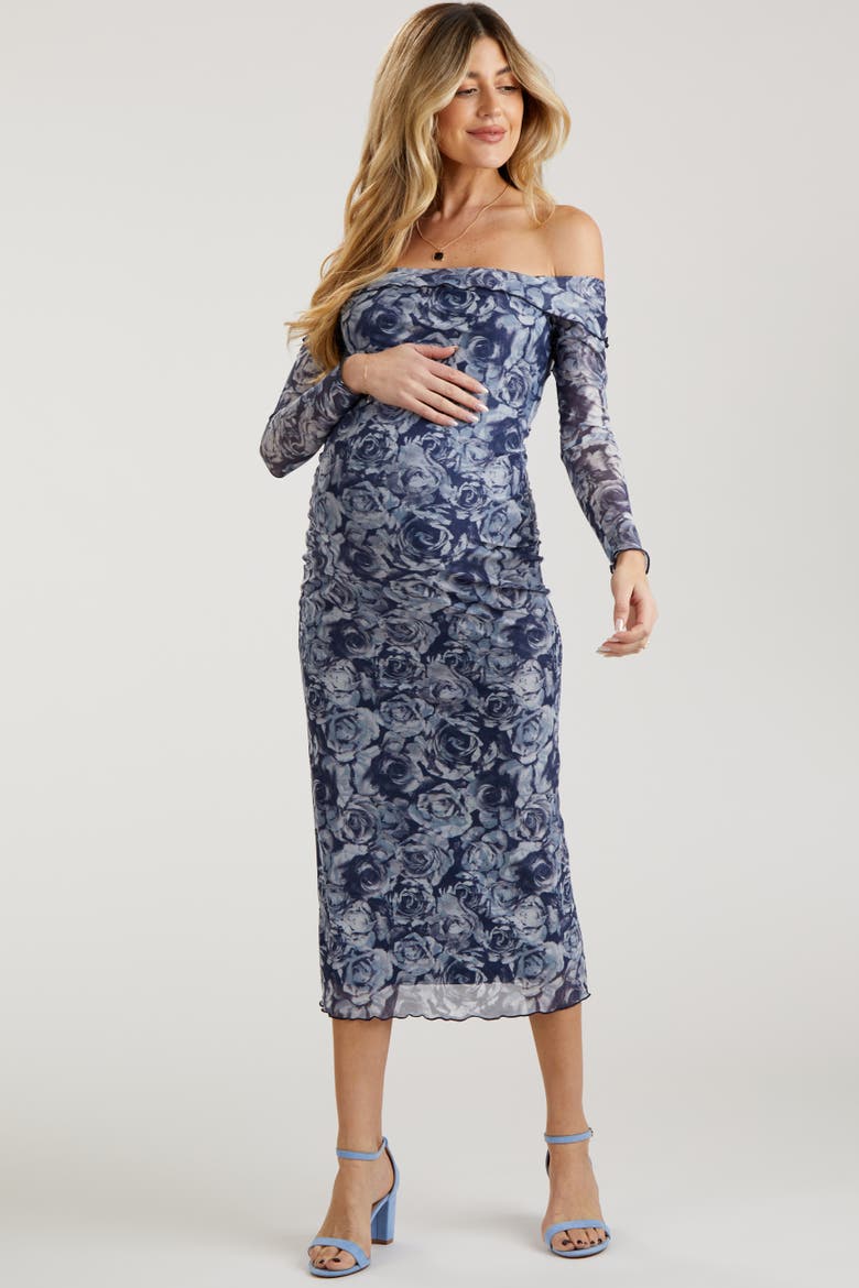 Floral Off Shoulder Mesh Knit Midi Dress, Alternate, color, Navy Blue