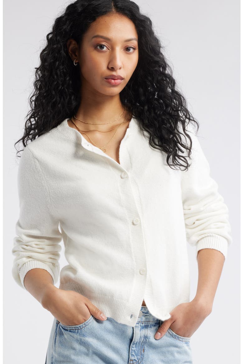 Crewneck Cotton Blend Cardigan, Alternate, color, IVORY