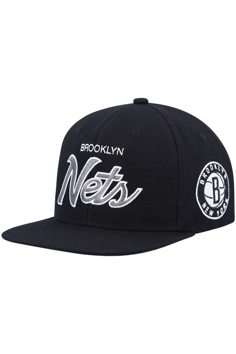 Men's Mitchell & Ness Black Brooklyn Nets Hardwood Classics Script 2.0 Snapback Hat, Main, color, Black