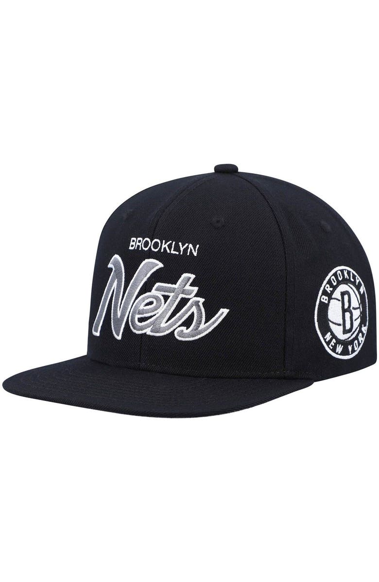Mitchell & Ness Men's Mitchell & Ness Black Brooklyn Nets Hardwood Classics Script 2.0 Snapback Hat, Main, color, Black