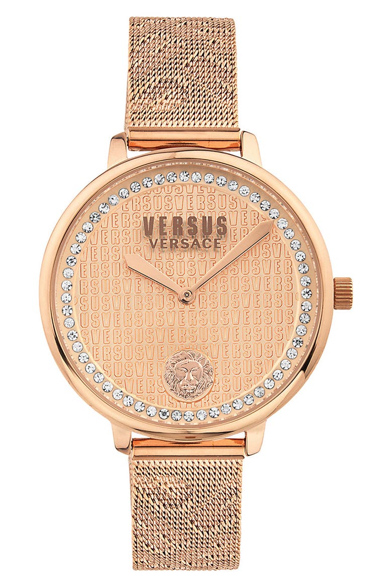 La Villette Crystal Mesh Strap Watch, 36mm, Main, color, ROSEGOLD