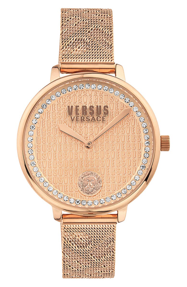 VERSUS Versace La Villette Crystal Mesh Strap Watch, 36mm, Main, color, Rosegold