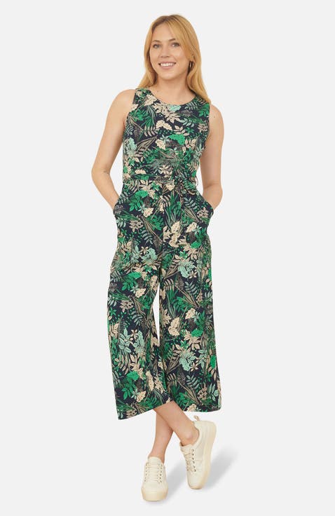 Sleeveless Leaf Print Culotte Jumpsuit