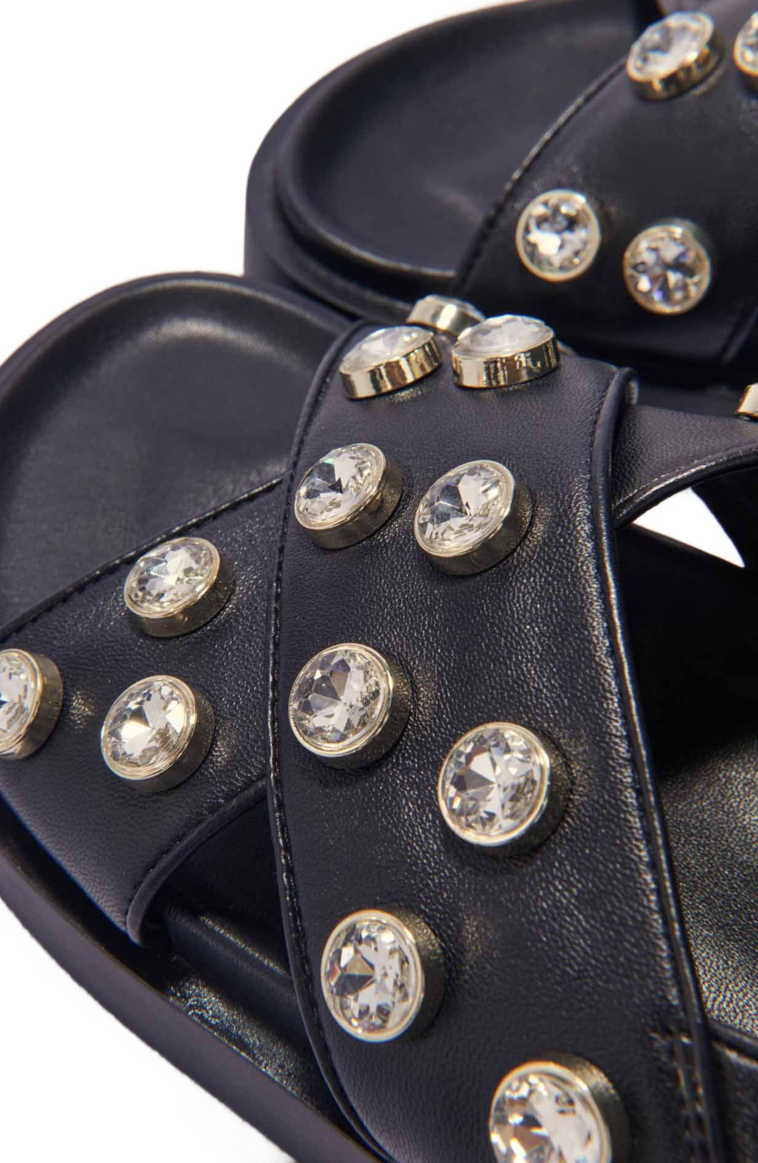 Flat leather and rhinestone sandals, Alternate, color, Black