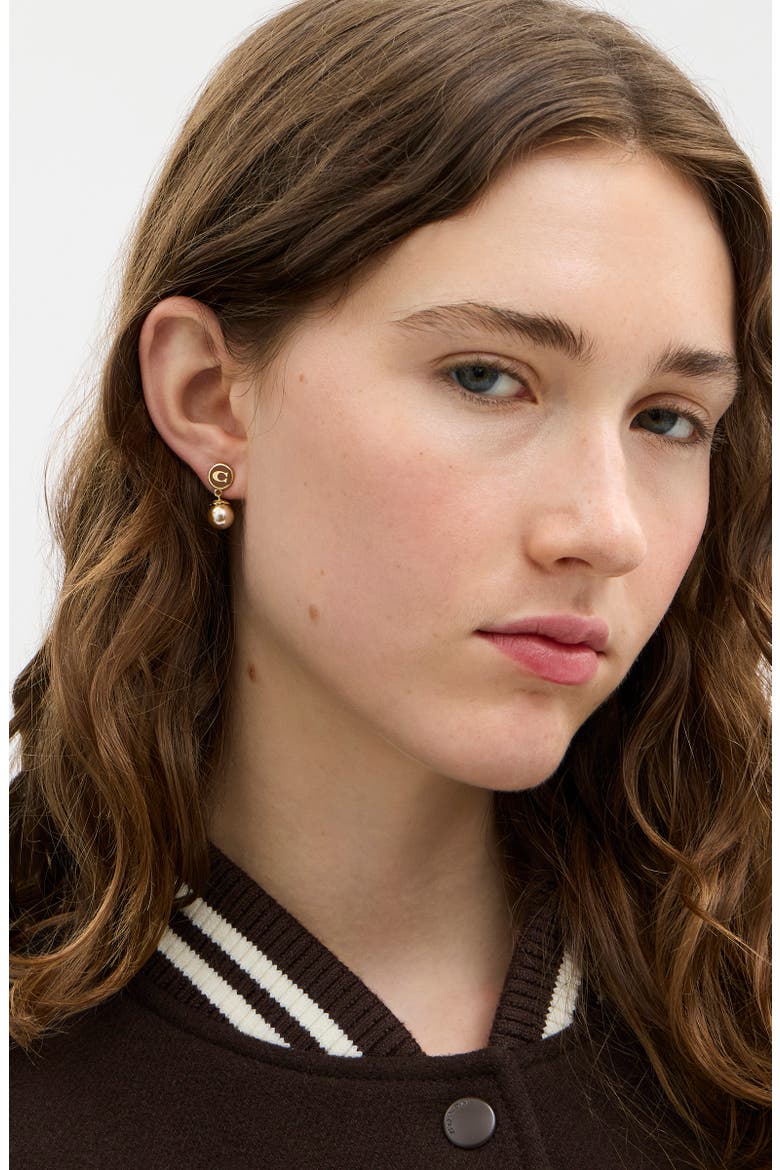 Enamel C Coin Faux Pearl Drop Earrings, Main, color, BROWN