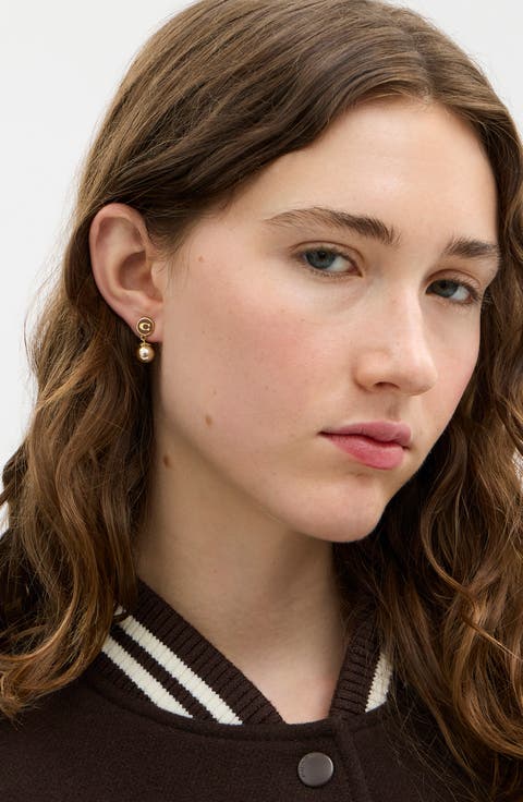 Enamel C Coin Faux Pearl Drop Earrings