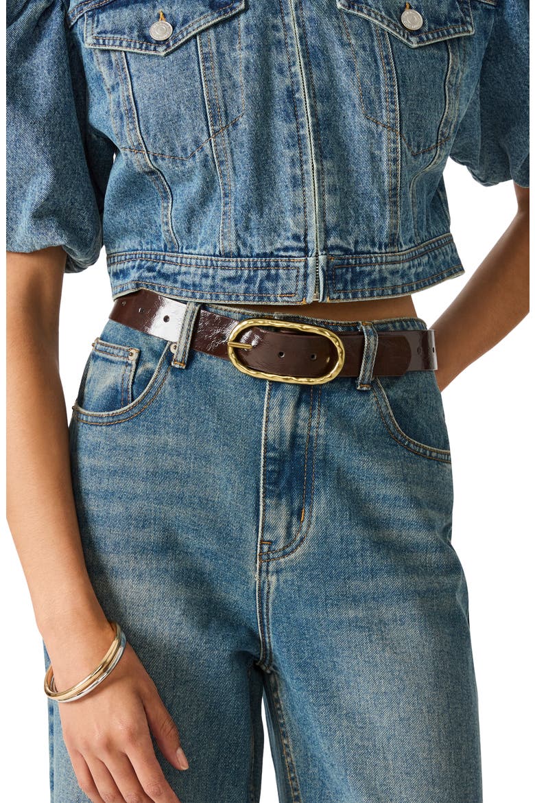 Oval Buckle Patent Faux Leather Belt, Alternate, color, DARK BROWN