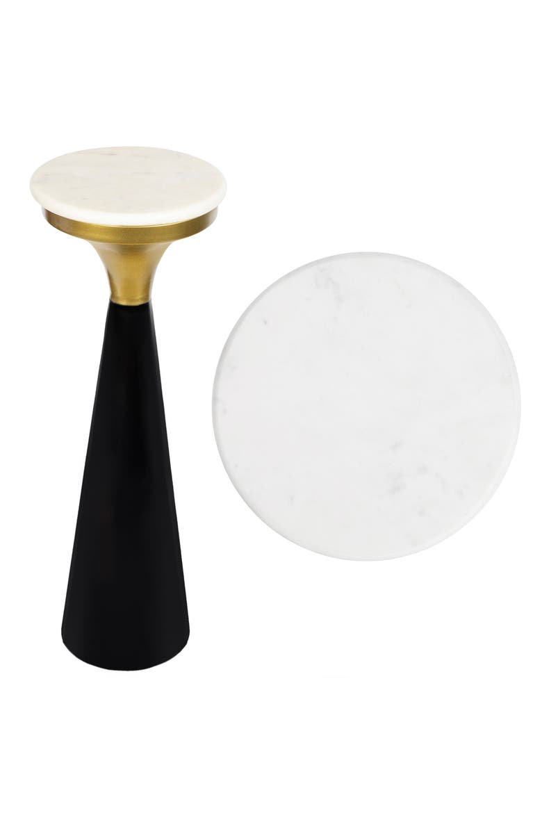 Oliver Metal Pedestal Drink Table with Marble Top, Small Round Accent End Table for Living Room, Main, color, Black/White/Gold