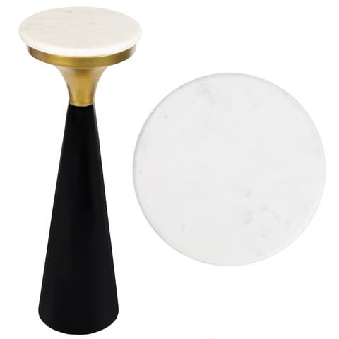 Oliver 22.25" Mid-Century Glam Retro Metal Drink Table and Decorative End Table with White Marble Round Top