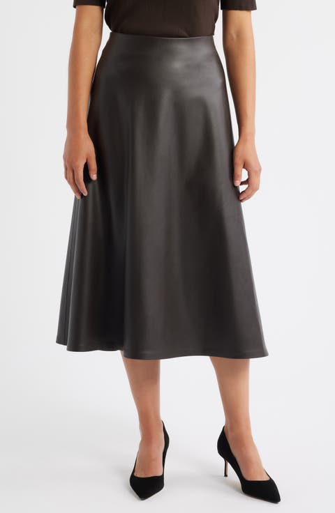 Faux Leather Bias A-Line Midi Skirt (Regular & Petite)
